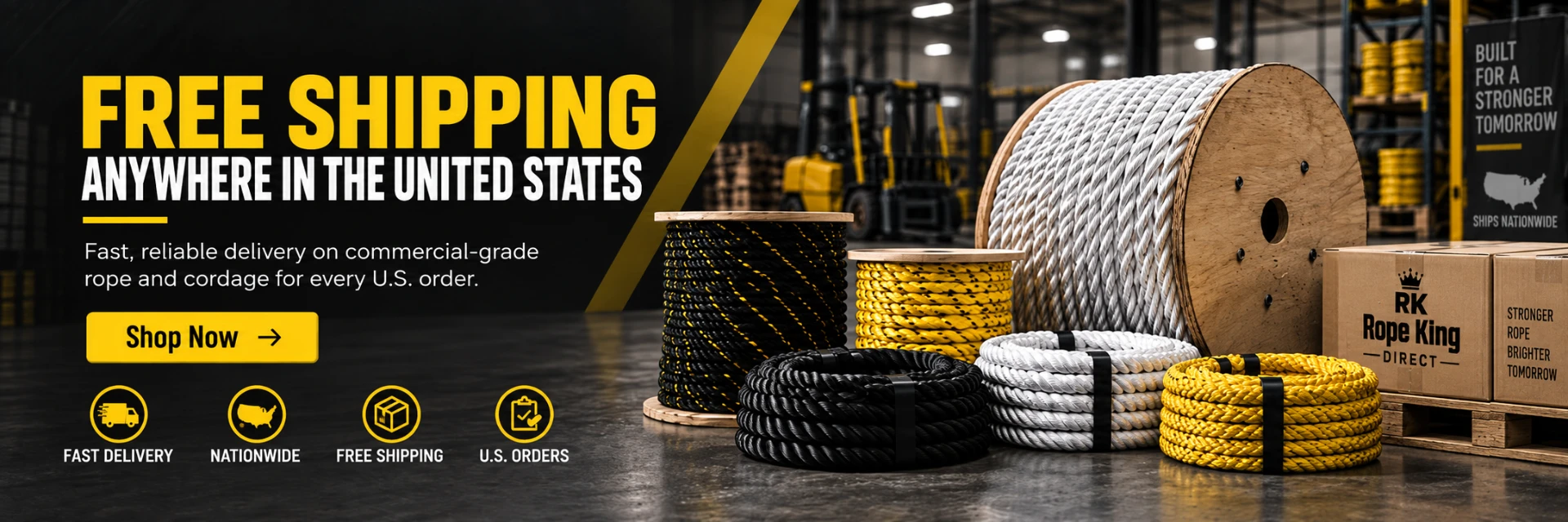 Free shipping anywhere in the United States — fast, reliable delivery on commercial-grade rope and cordage for every U.S. order, with rope spools and coils in a warehouse